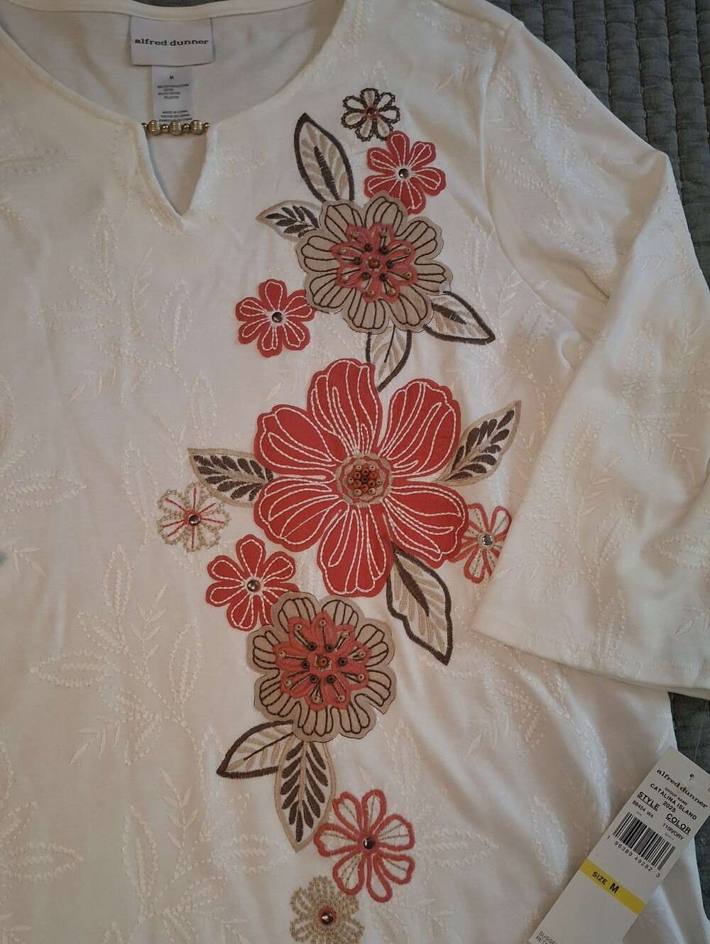 Alfred Dunner White V-Neck Tunic with Coral and Brown Floral Embroidery - Picture 2 of 3